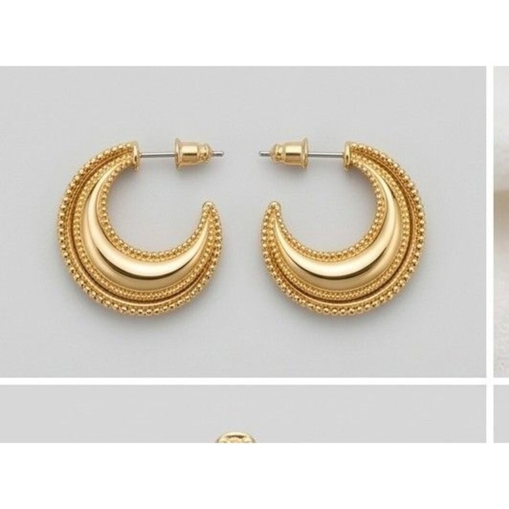 Tapered Crescent Hoop Earrings Beaded Milgrain Edge Polished Gold Tone